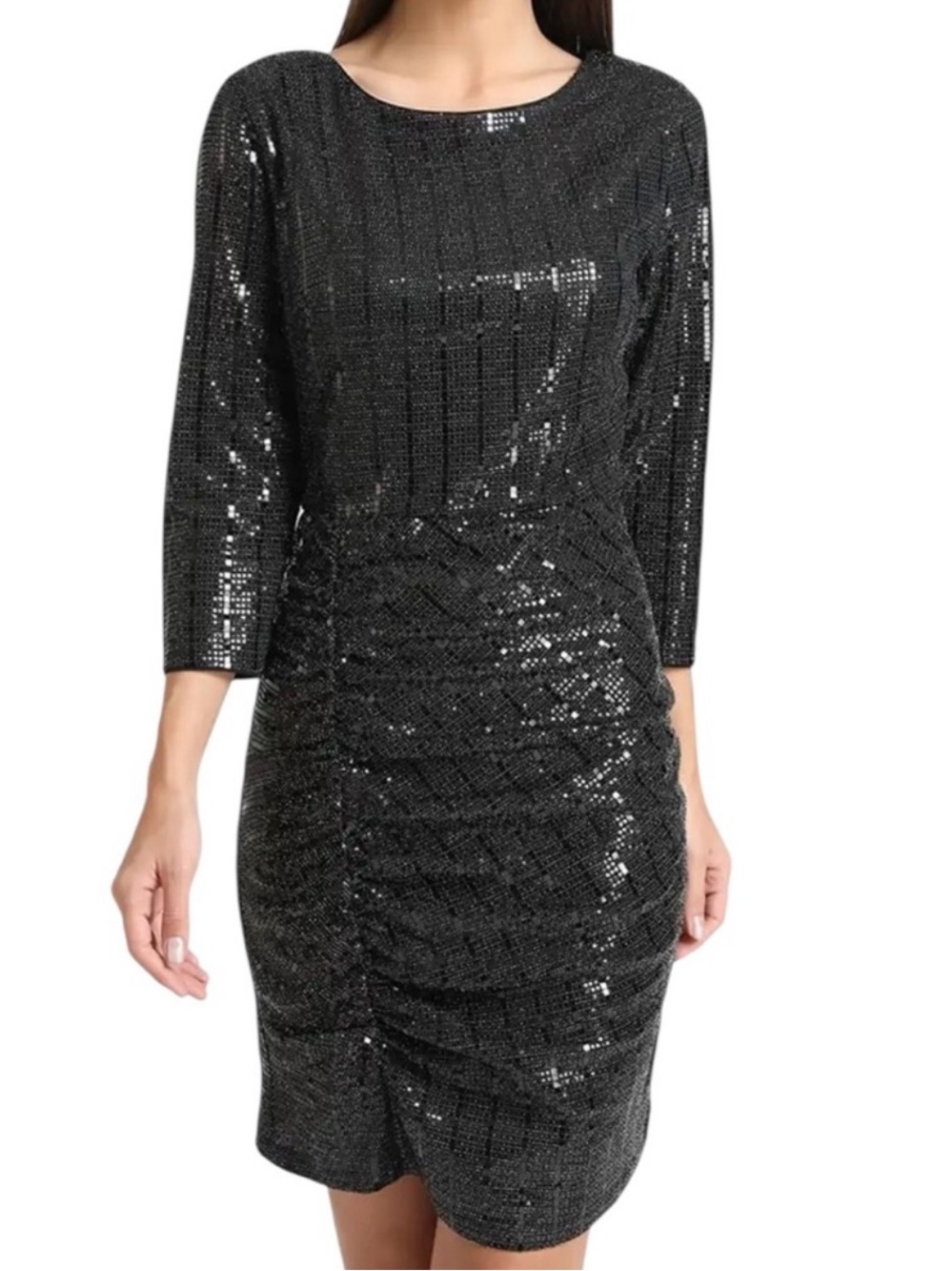 Kazo Black Sequin Ruched 3/4 Sleeve Dress - Women